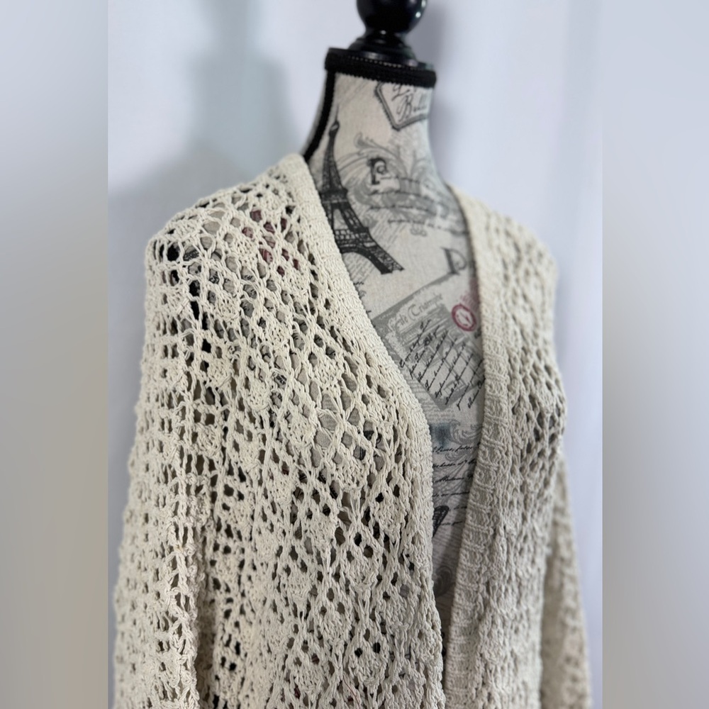 Artelier Nicole Miller Crochet Cream Open Knit Cardigan Size M Boho Chic - Picture 2 of 9